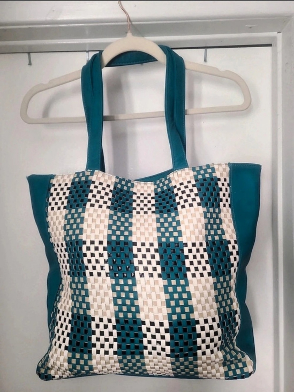 Big Buddha Woven Tote in Blue & White